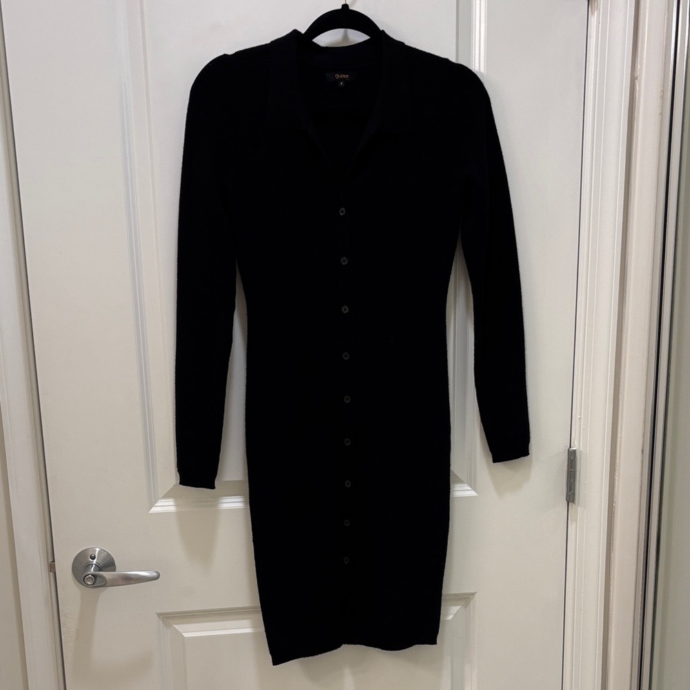 Black Button-Front Long Sleeve Midi Dress